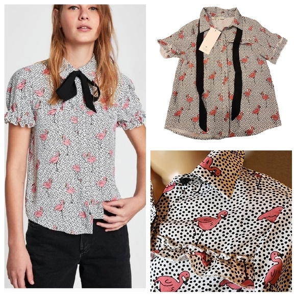 NWT Ouropeanztation Flamingo Button Front Blouse Shirt With Tie Neck XS/S - Picture 1 of 16